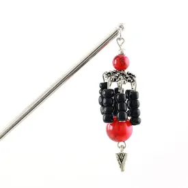 Tribal Style Hair Stick w/ Red & Black Beads Tassels