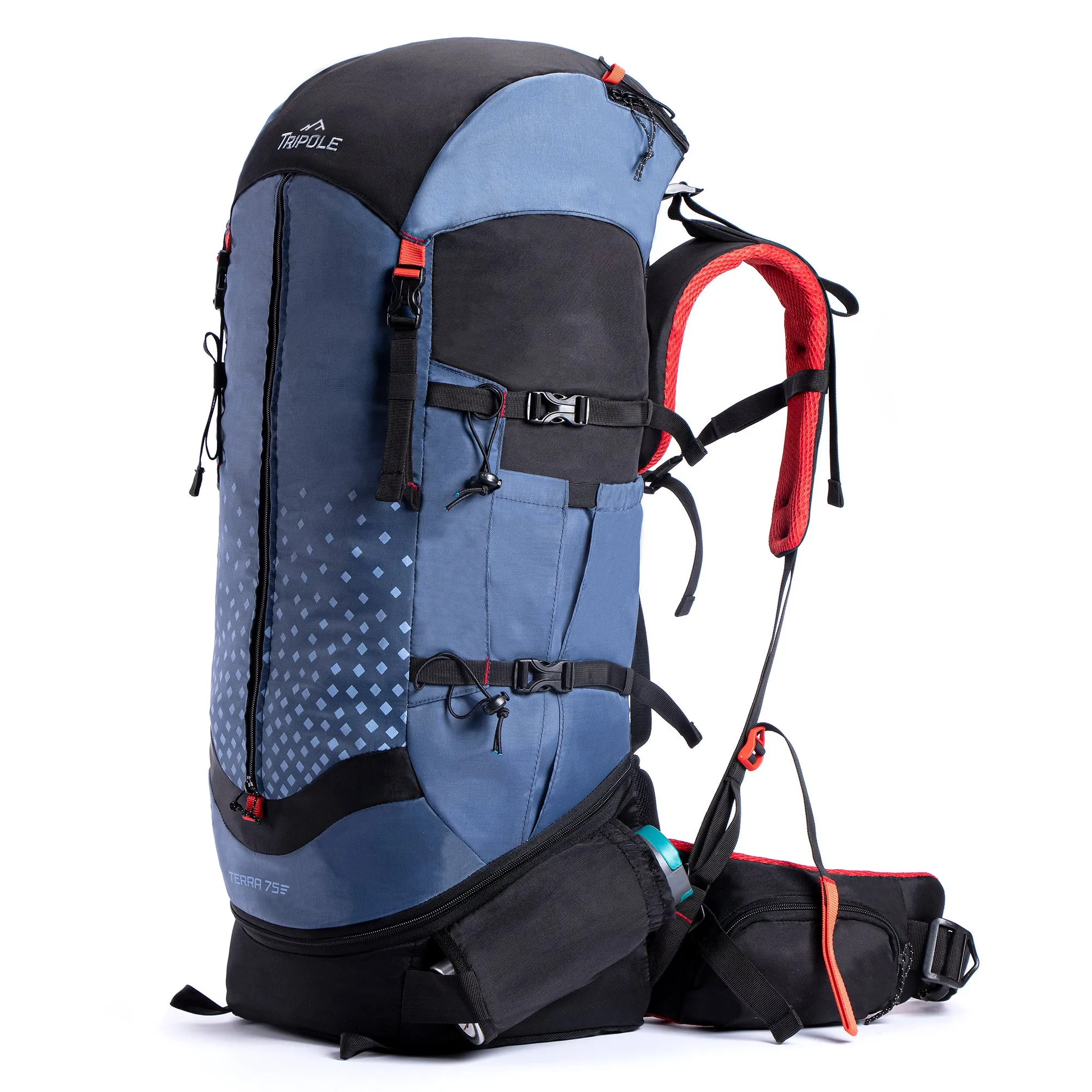 Tripole Terra Backpacking and Trekking Rucksack with Front Opening, Rain Cover and Metal Frame | 3 Year Warranty | Blue | 75 Litres