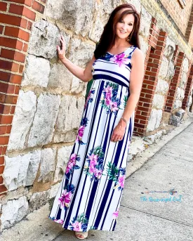 Tropical Hibiscus Floral Stripe Tank Maxi