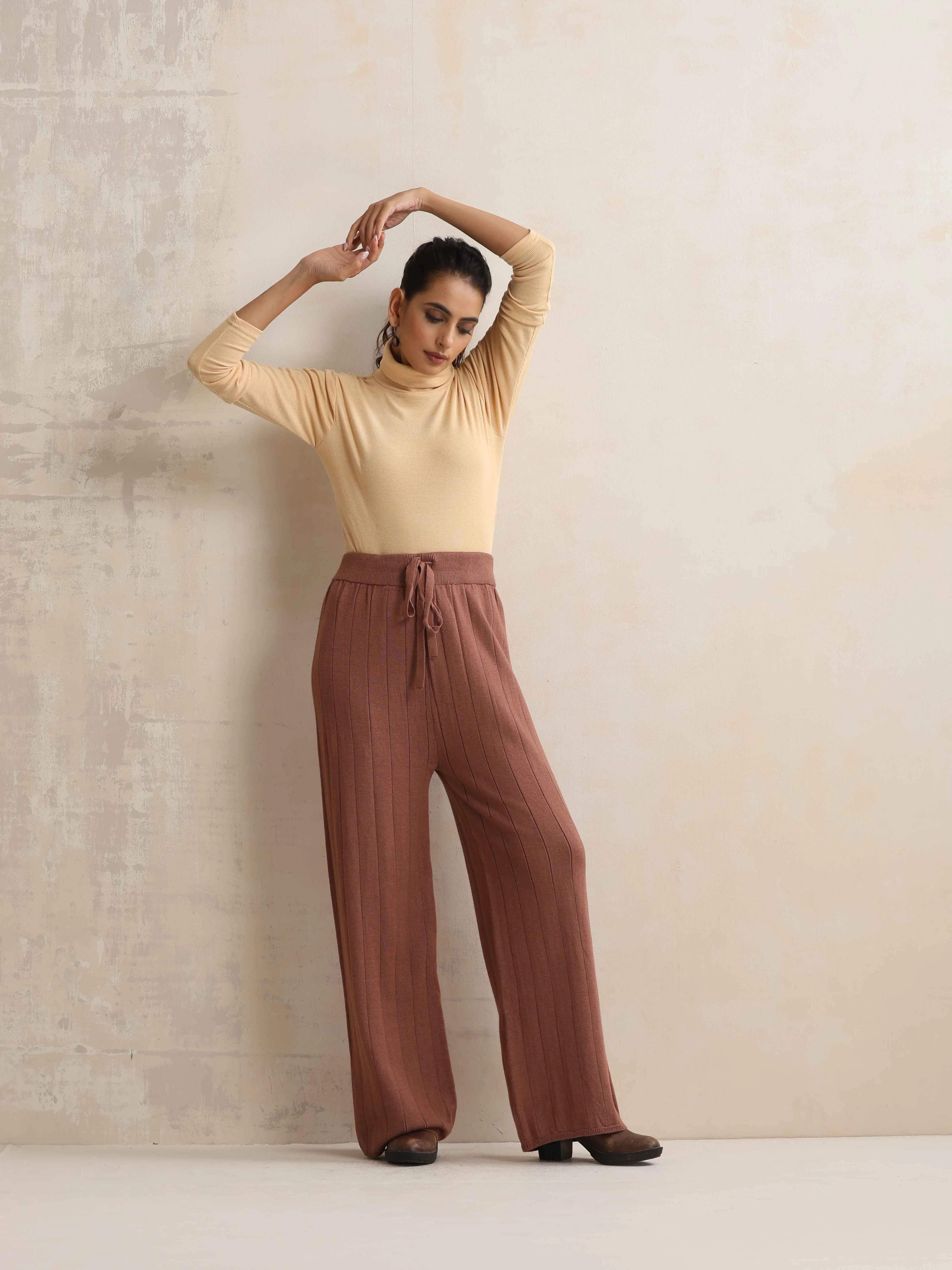 trueBrowns Peach Woollen Flared Pants