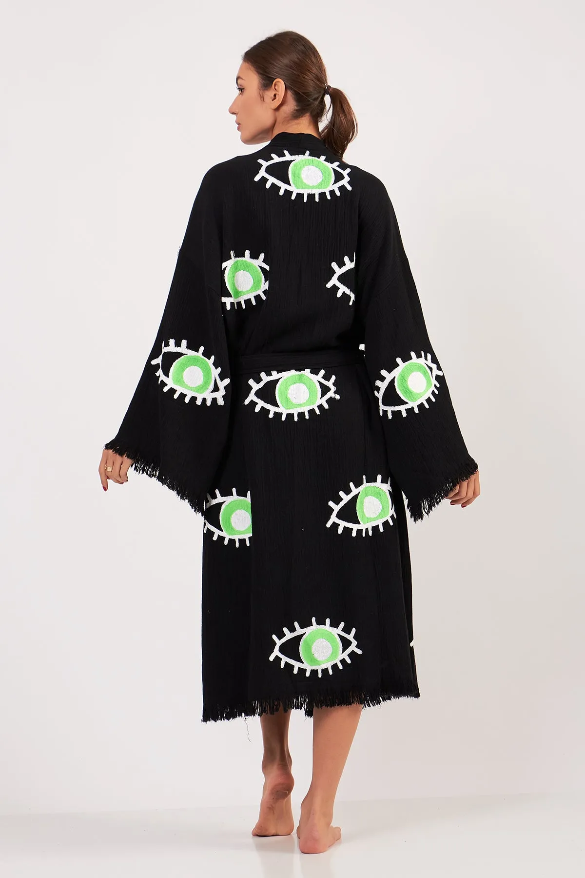 Turkish Towel Kimono Bathrobe Eye Design Green on Black