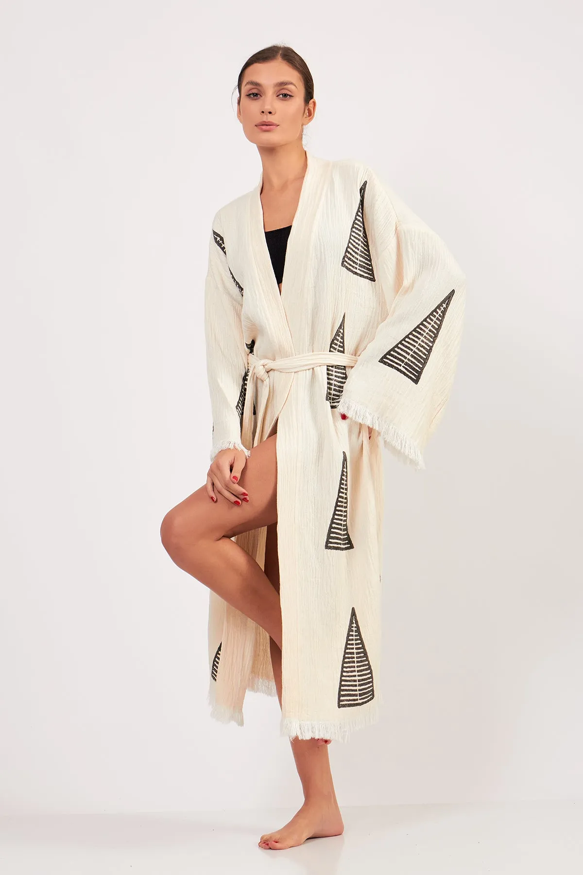 Turkish Towel Kimono Bathrobe Pyramid Design Natural