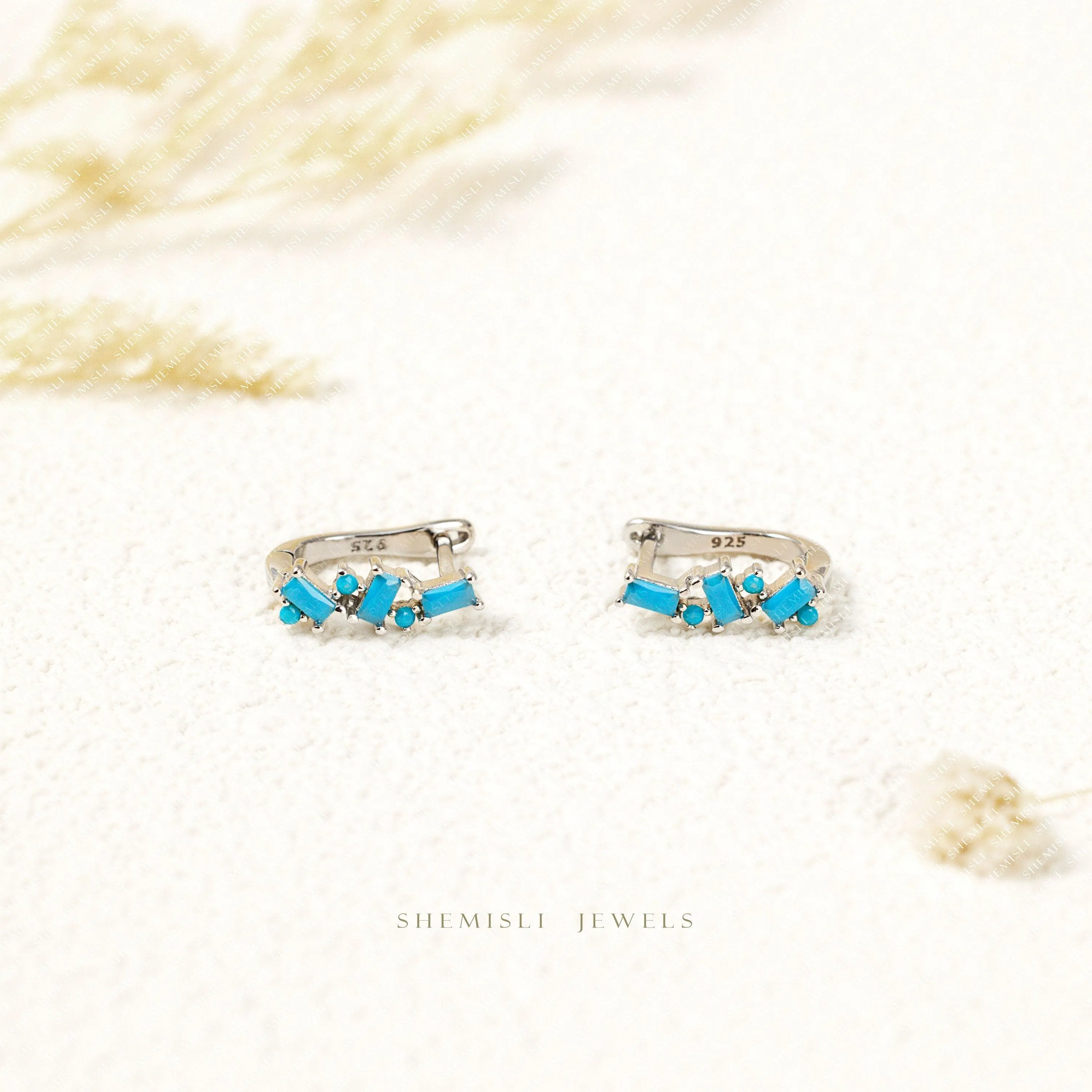 Turquoise Baguette Abstract CZ Hoops, Gold, Silver SHEMISLI SH350