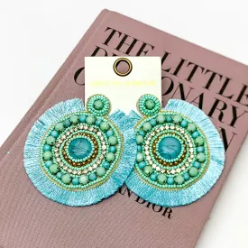 Turquoise Beaded and Crystal Statement Earrings with Fringe Outline in Turquoise Blue