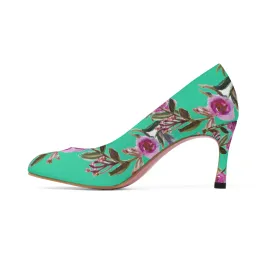 Turquoise Blue Floral Heels, Garden Purple Pink Rose Designer Women's 3" High Heels