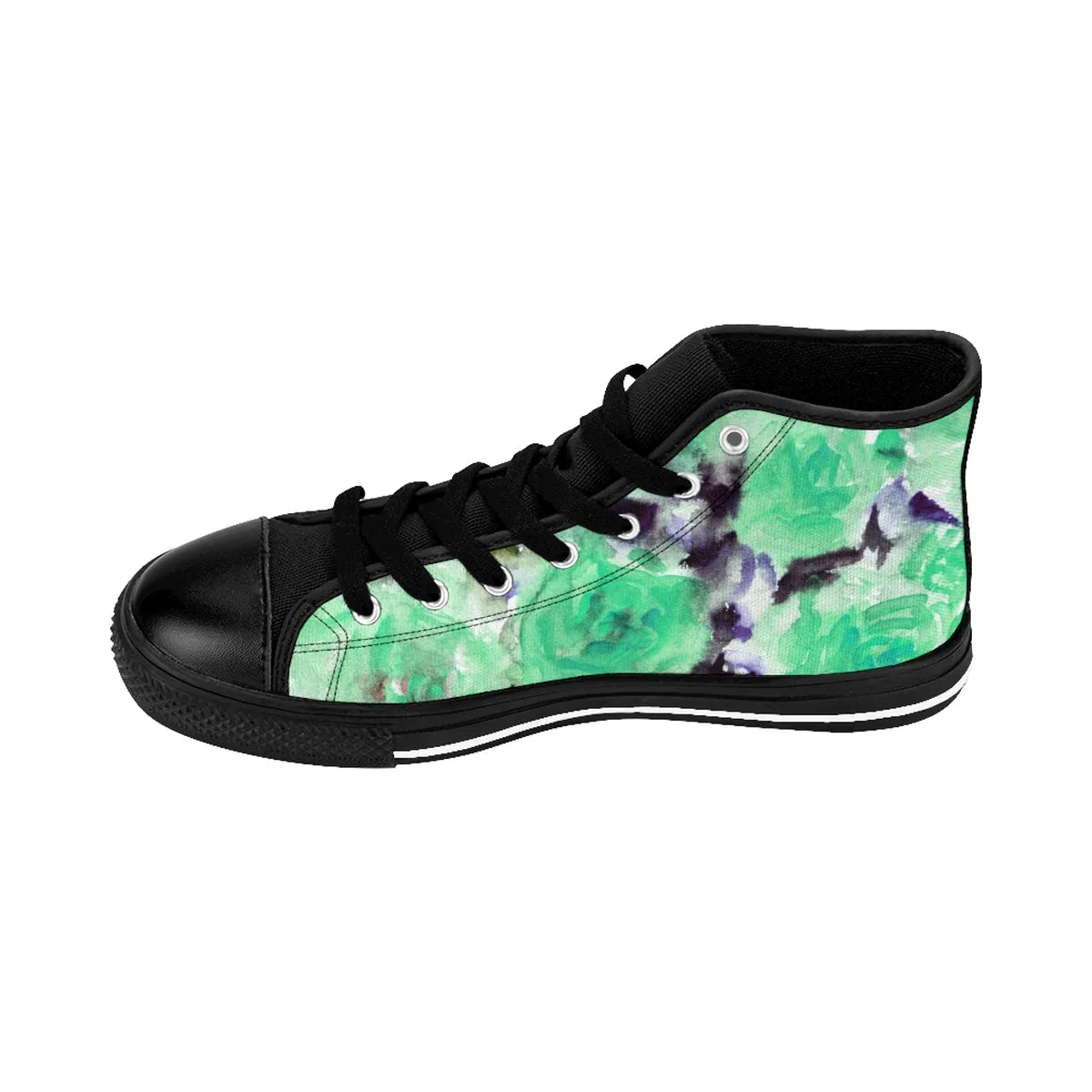 Turquoise Blue Floral Men's High Tops, Abstract Rose Print Designer High-top Sneakers Tennis Shoes