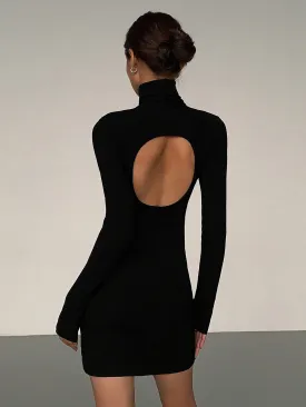 Turtleneck Open Back Trendy Long Sleeve Short Dress