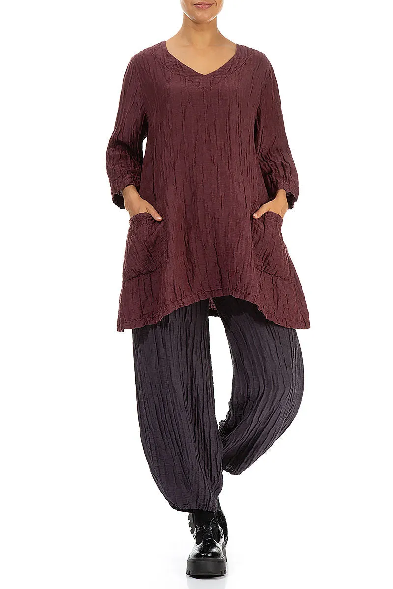 Twin Pockets Crinkled Merlot Silk Linen Tunic