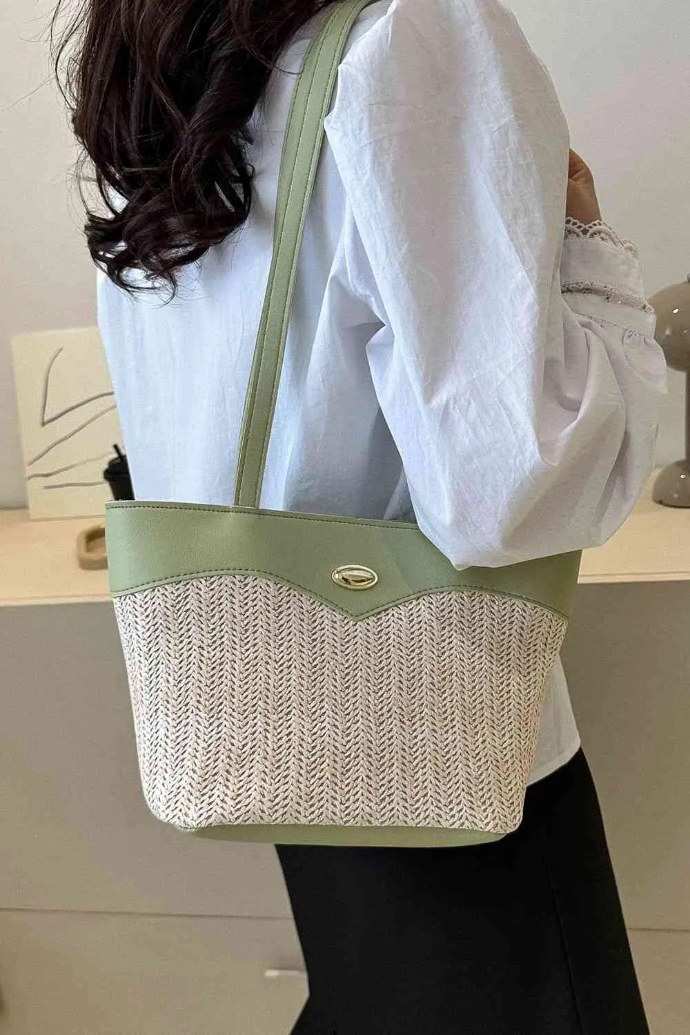 Two-Tone Straw PU Tote Bag