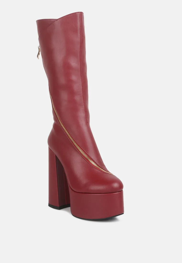 Tzar Faux Leather High Heeled Platfrom Calf Boots