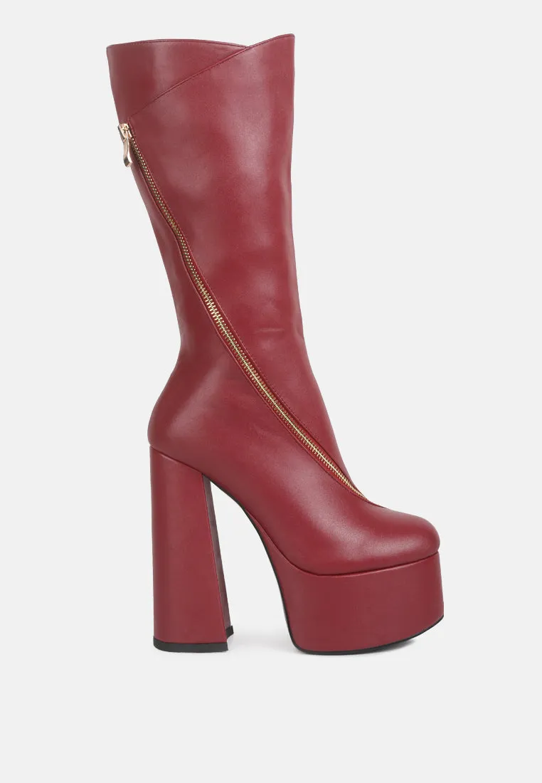 Tzar Faux Leather High Heeled Platfrom Calf Boots