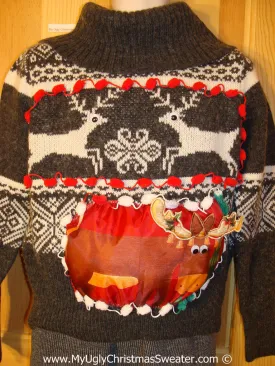 Ugly Christmas Sweater Party Holy Grail of Ugly Sweater with Vintage Leaping Reineer and Also 3D Puffy Reindeer on Front and Back (z30)