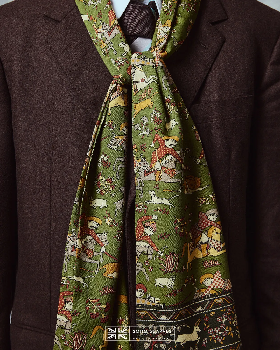 UK Wool and Silk Scarf - Hunters in Olive Green