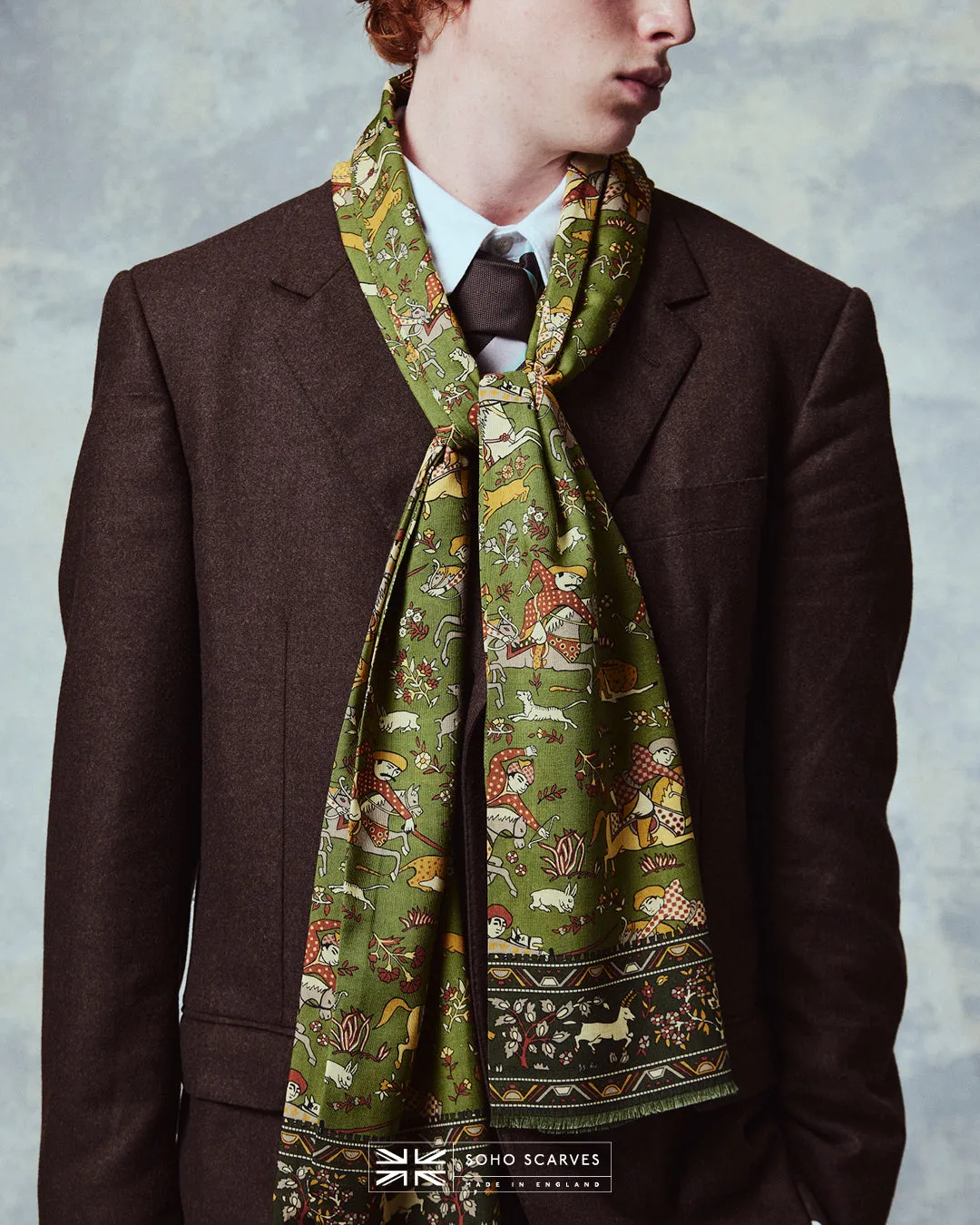 UK Wool and Silk Scarf - Hunters in Olive Green