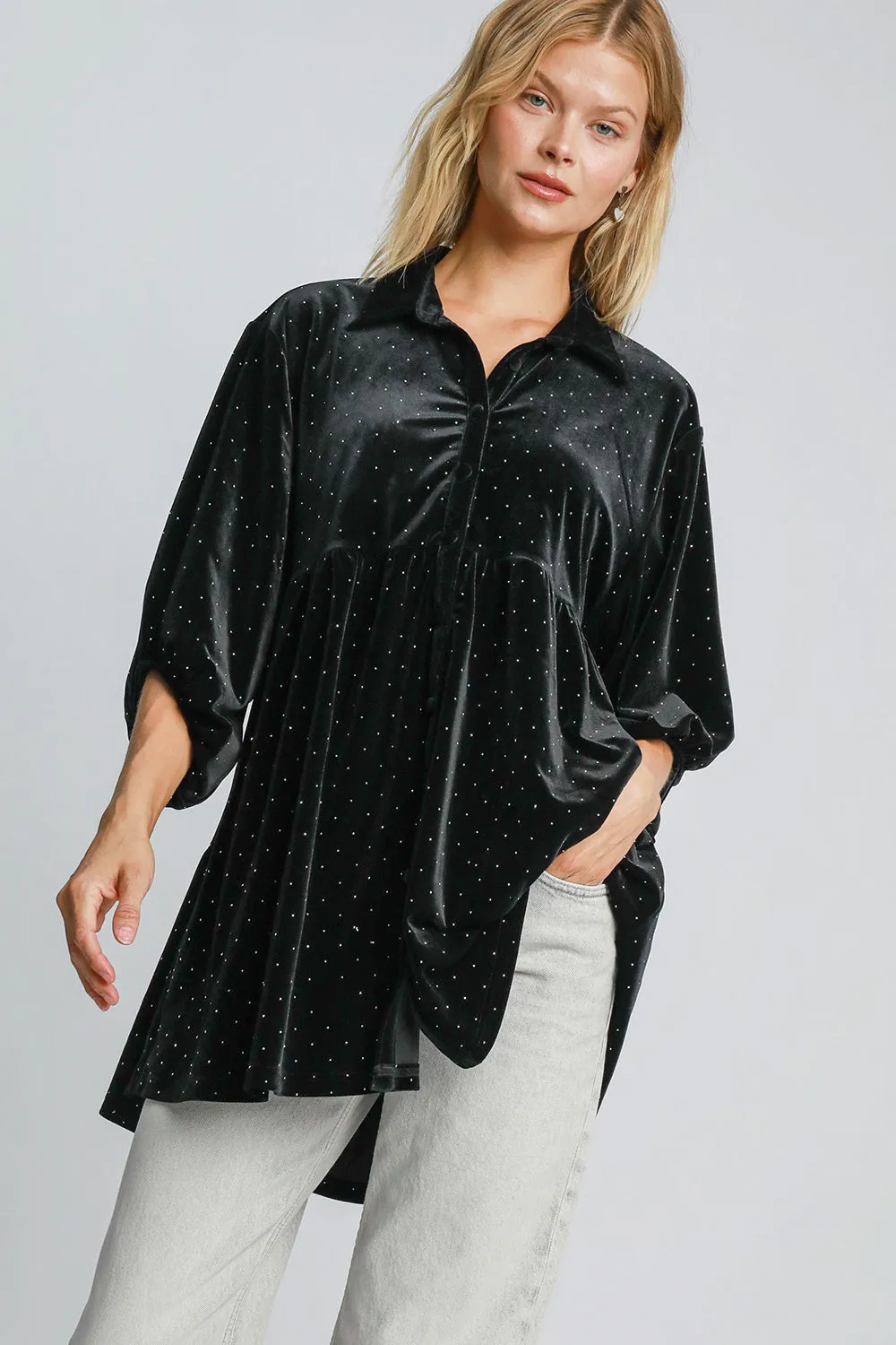 Umgee Shirt Blouse Women Black Velvet Polka Dot Button Up Half Sleeve