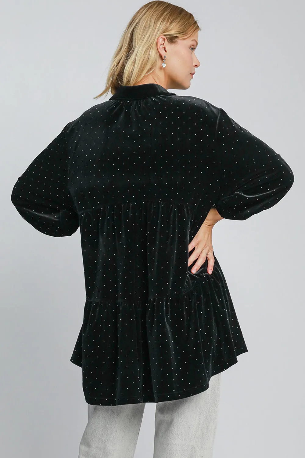 Umgee Shirt Blouse Women Black Velvet Polka Dot Button Up Half Sleeve