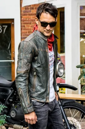 UNION JACK Leather Jacket in Distressed Green British Flag Cafe Racer- Limited Ed