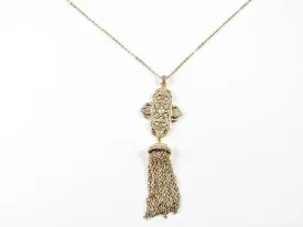 Unique Antique Style Large Cross With Tassel Gold Tone Long Necklace