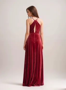 Unique back design draping neck sleeveless A-line velvet prom dress