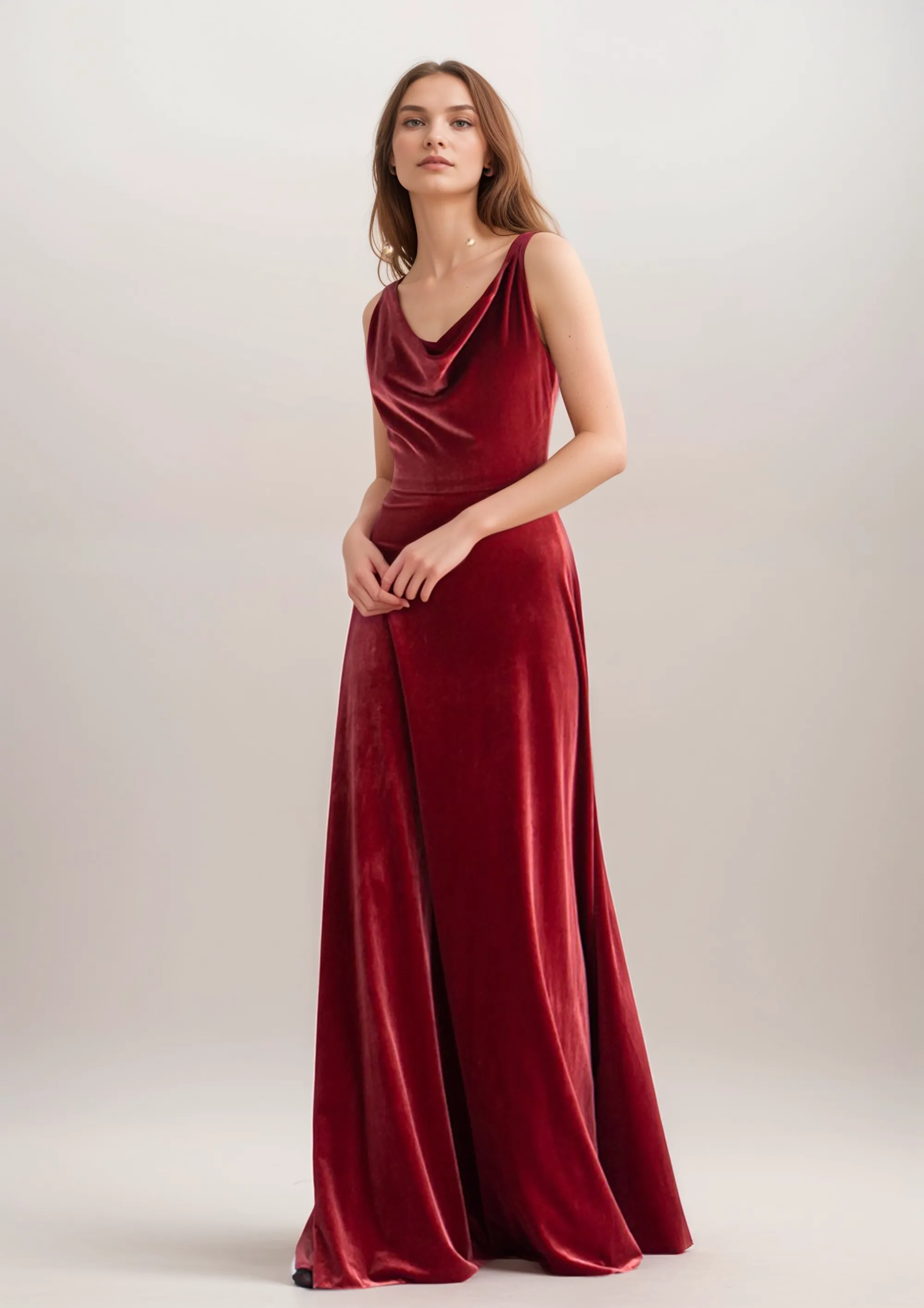 Unique back design draping neck sleeveless A-line velvet prom dress