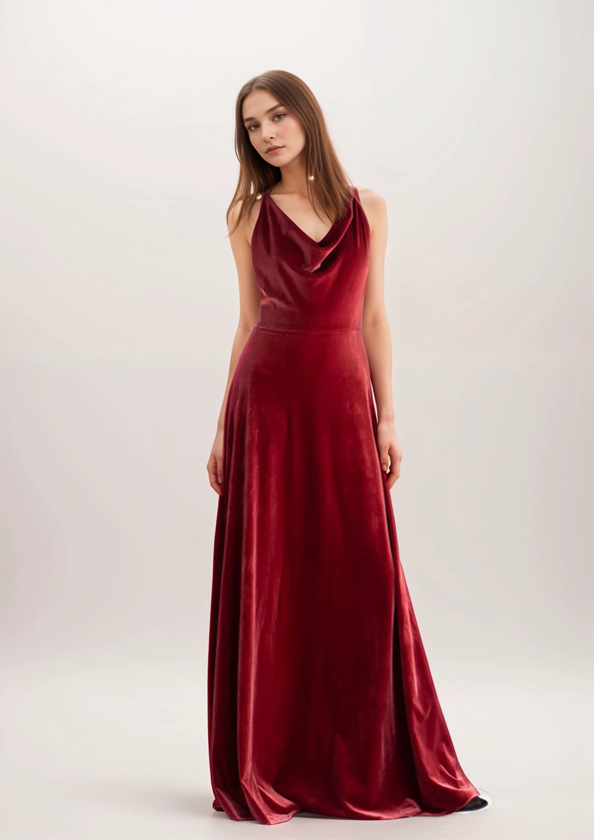 Unique back design draping neck sleeveless A-line velvet prom dress