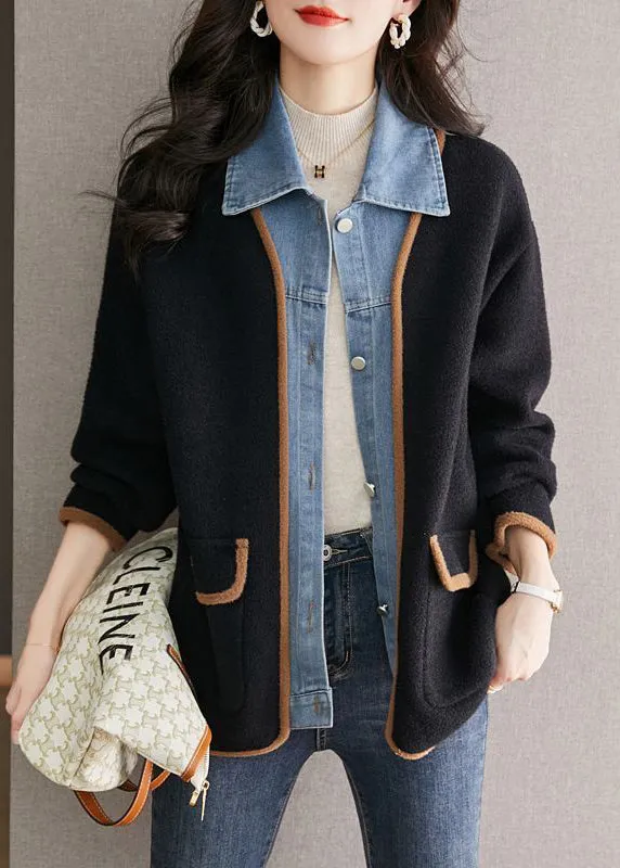 Unique Black Peter Pan Collar Denim Patchwork Woolen Fake Two Piece Coat Fall