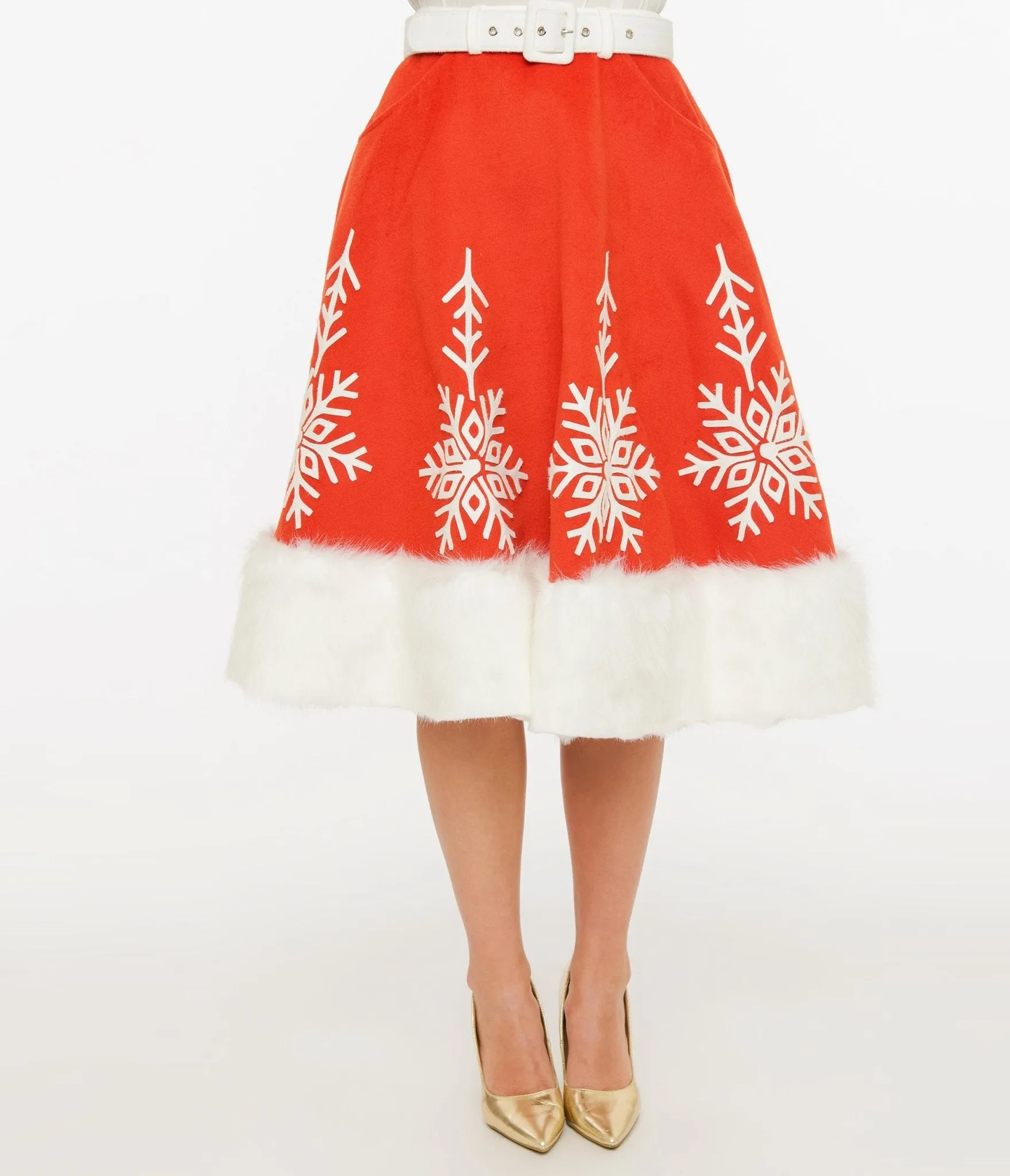 Unique Vintage 1950s Red Felt & White Fur Snowflake Soda Shop Swing Skirt