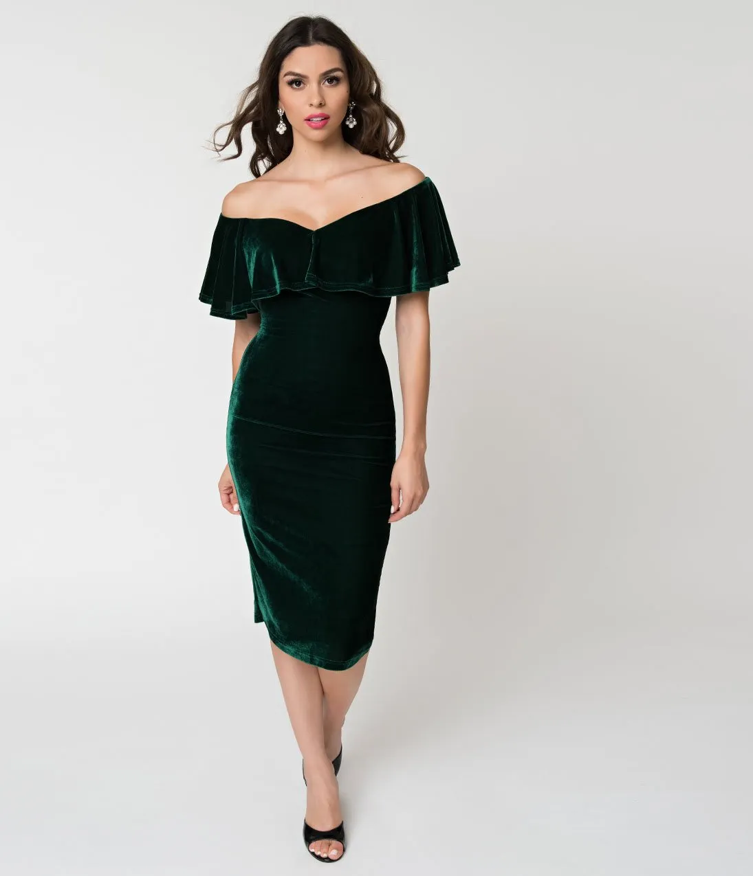 Unique Vintage Emerald Green Velvet Draped Off Shoulder Sophia Wiggle Dress