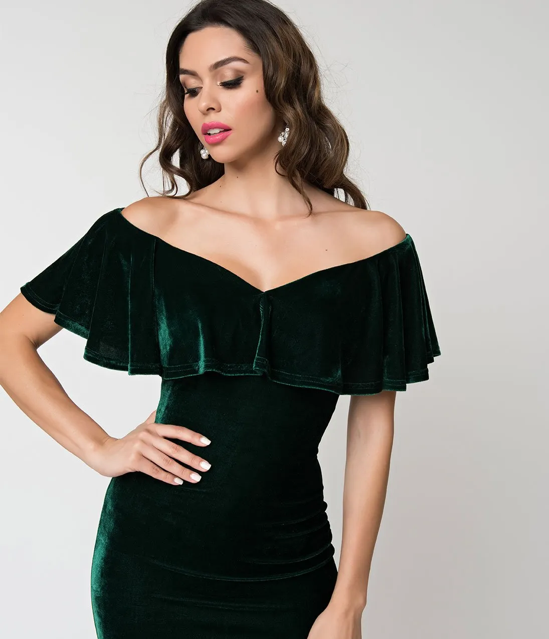 Unique Vintage Emerald Green Velvet Draped Off Shoulder Sophia Wiggle Dress