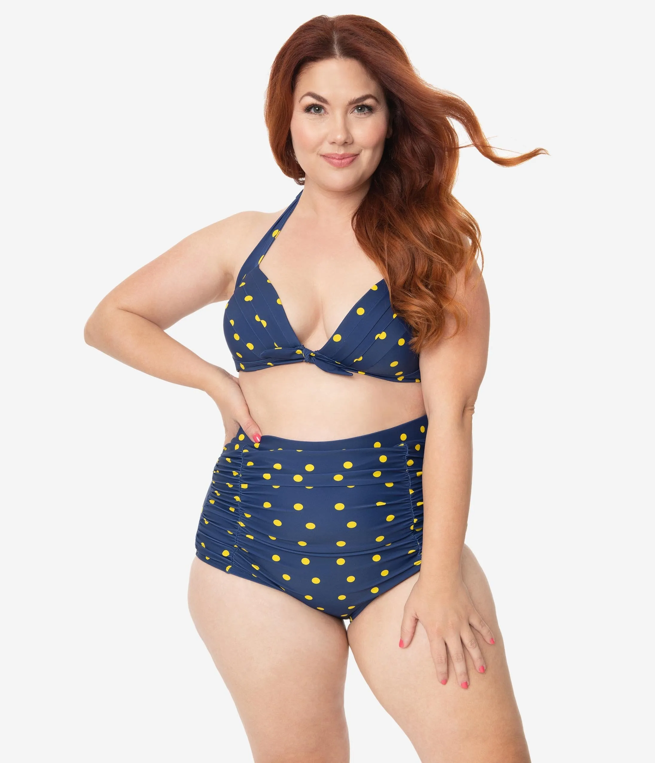 Unique Vintage Plus Size Navy & Yellow Dotted Monroe Halter Swim Top