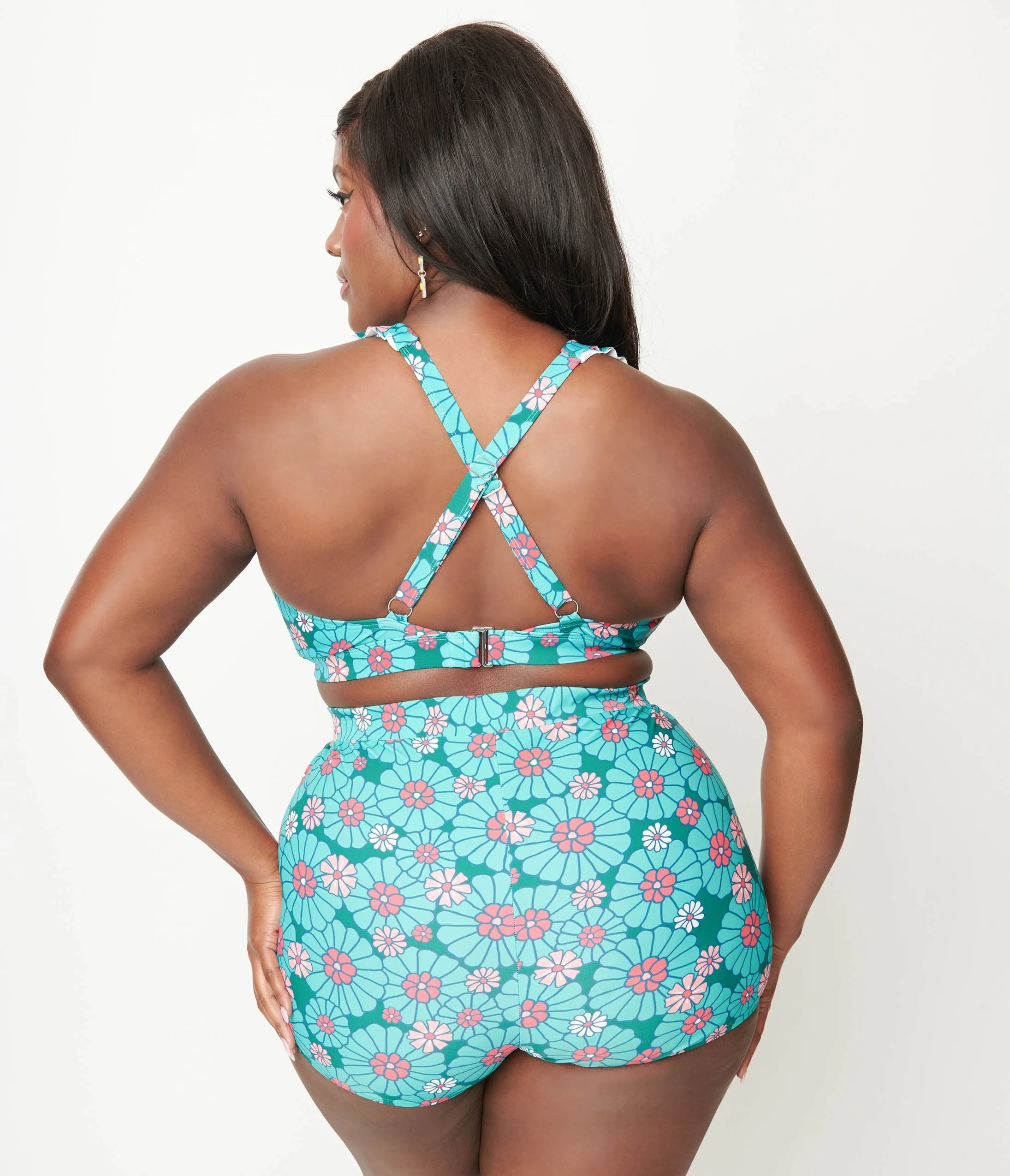 Unique Vintage Teal Flower Child High Waist Skort Swim Bottom