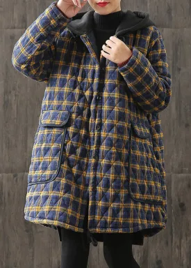 Unique Yellow Hooded Plaid Pockets Cotton Parkas Winter