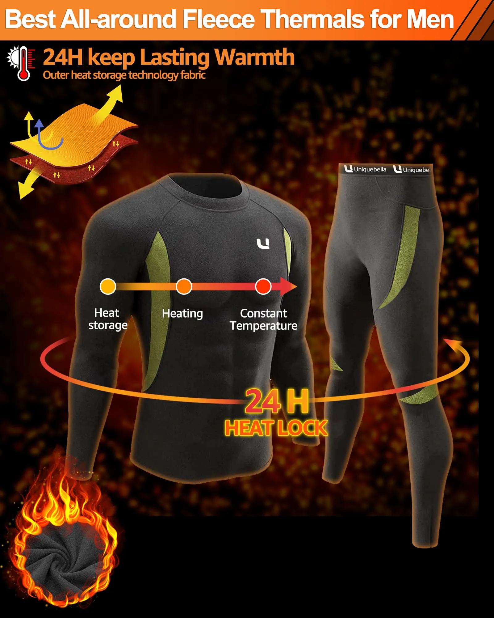 UNIQUEBELLA Men's Thermal Underwear Sets Top & Long Johns Fleece Sweat Quick Drying Thermo Base Layer Black