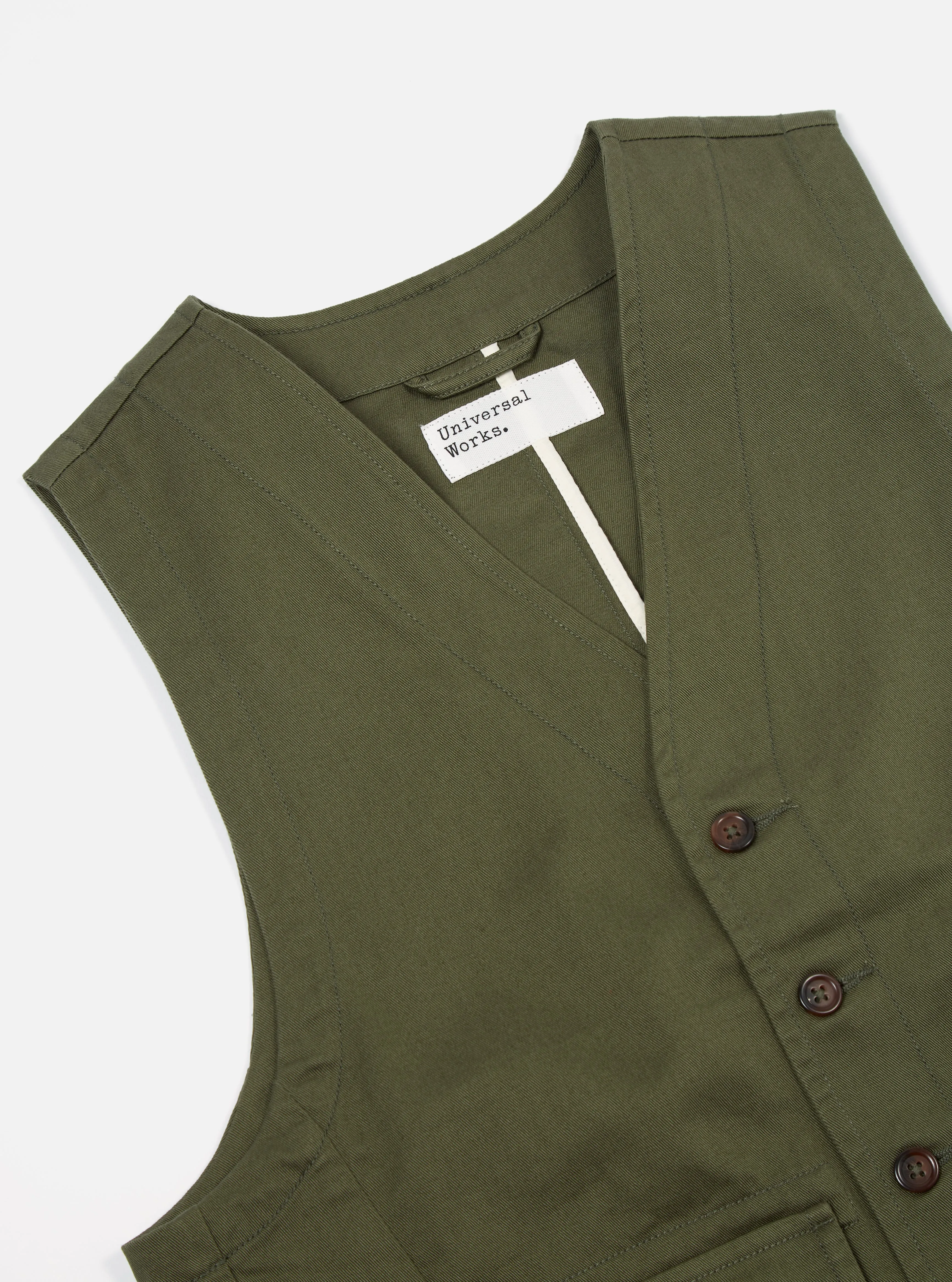 Universal Works Field Waistcoat in Light Olive Twill