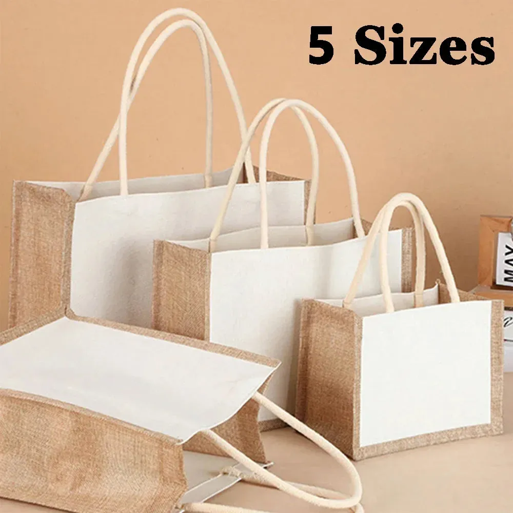 Uniwim Burlap Jute Tote Bag Vintage Reusable Grocery Shopping Wedding Birthday Gift Bag Handmade Handbags Multifunctional Flax Tote