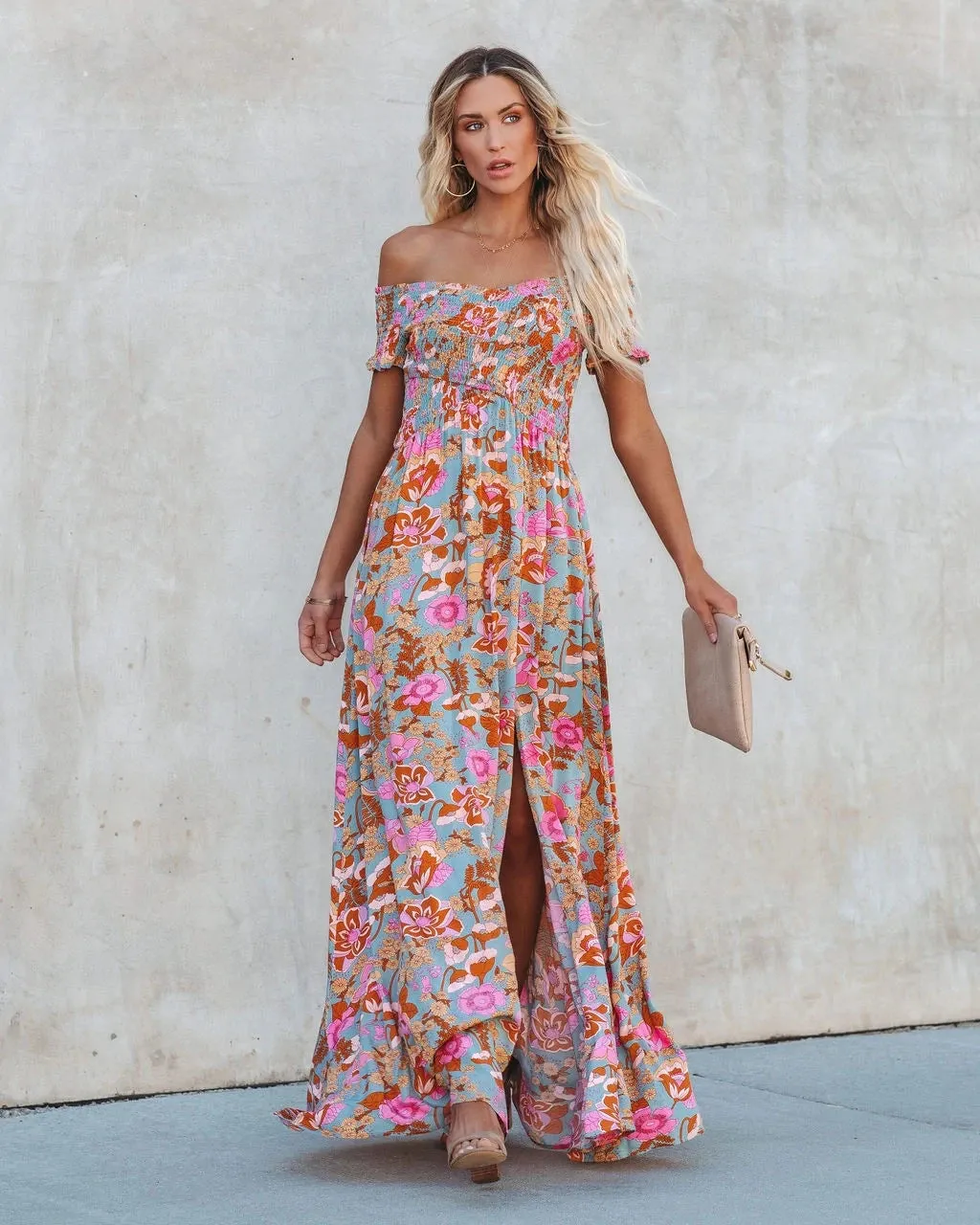 Uniwim The new one line neckline strapless waistband slit long bohemian dress, classic style, fashionable taste dresses