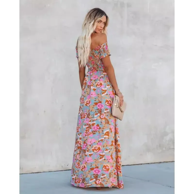 Uniwim The new one line neckline strapless waistband slit long bohemian dress, classic style, fashionable taste dresses