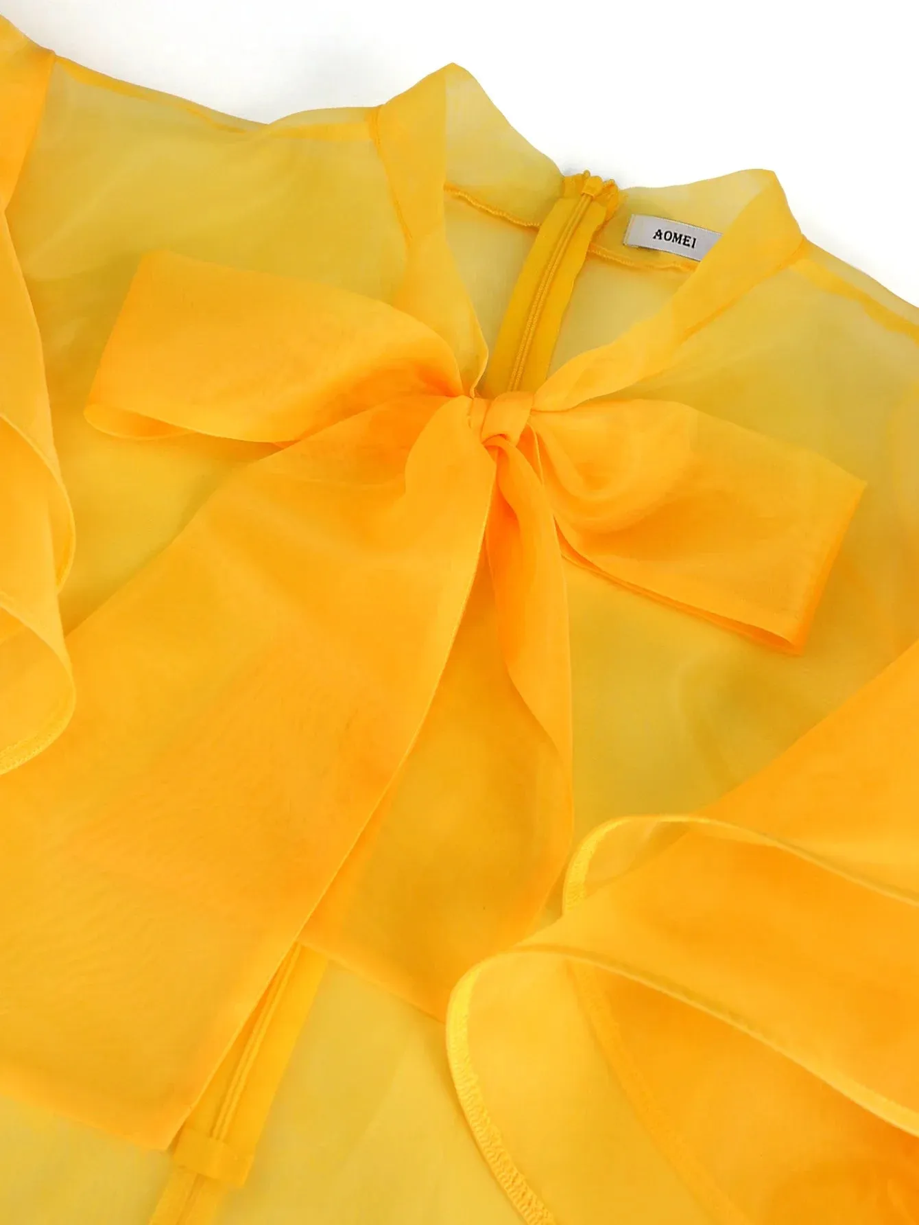 Uniwim Women's Tulle Tops and Blouses Yellow See Through Bowtie Ruffles Trim Top Shirt Elegant Lady Fashion Party Club Wear Plus Size