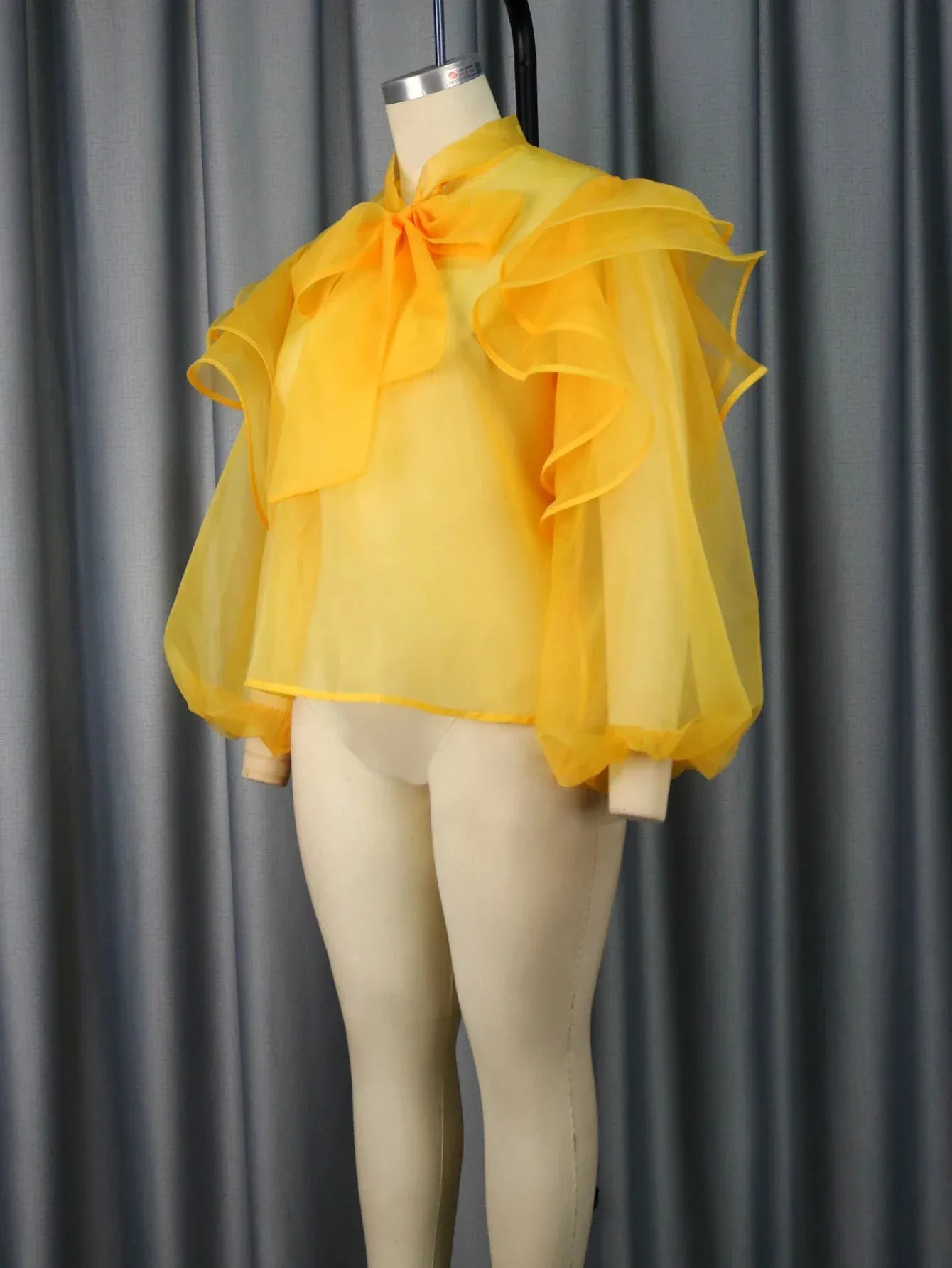 Uniwim Women's Tulle Tops and Blouses Yellow See Through Bowtie Ruffles Trim Top Shirt Elegant Lady Fashion Party Club Wear Plus Size