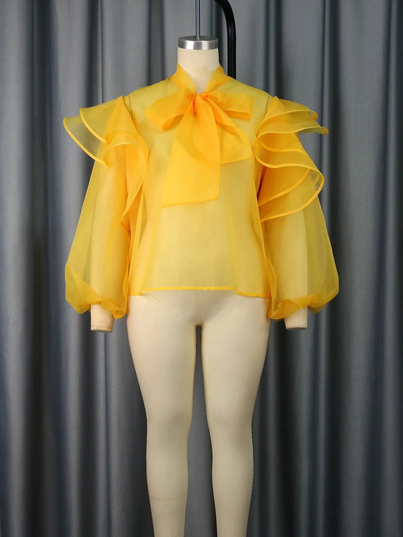 Uniwim Women's Tulle Tops and Blouses Yellow See Through Bowtie Ruffles Trim Top Shirt Elegant Lady Fashion Party Club Wear Plus Size