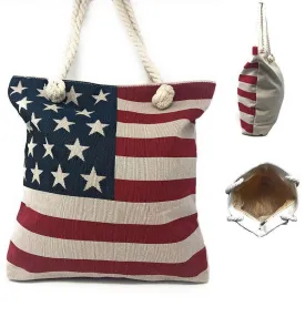 USA Flag Patriotic Canvas Reusable Eco Grocery Shopping Beach Gym Work Tote Bag