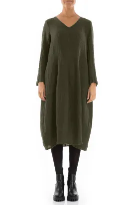 V-Neck Balloon Olive Mélange Linen Dress