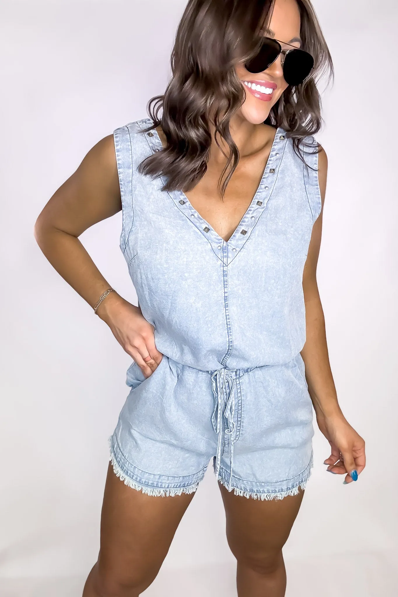 V-Neck Sleeveless Studded Denim Romper