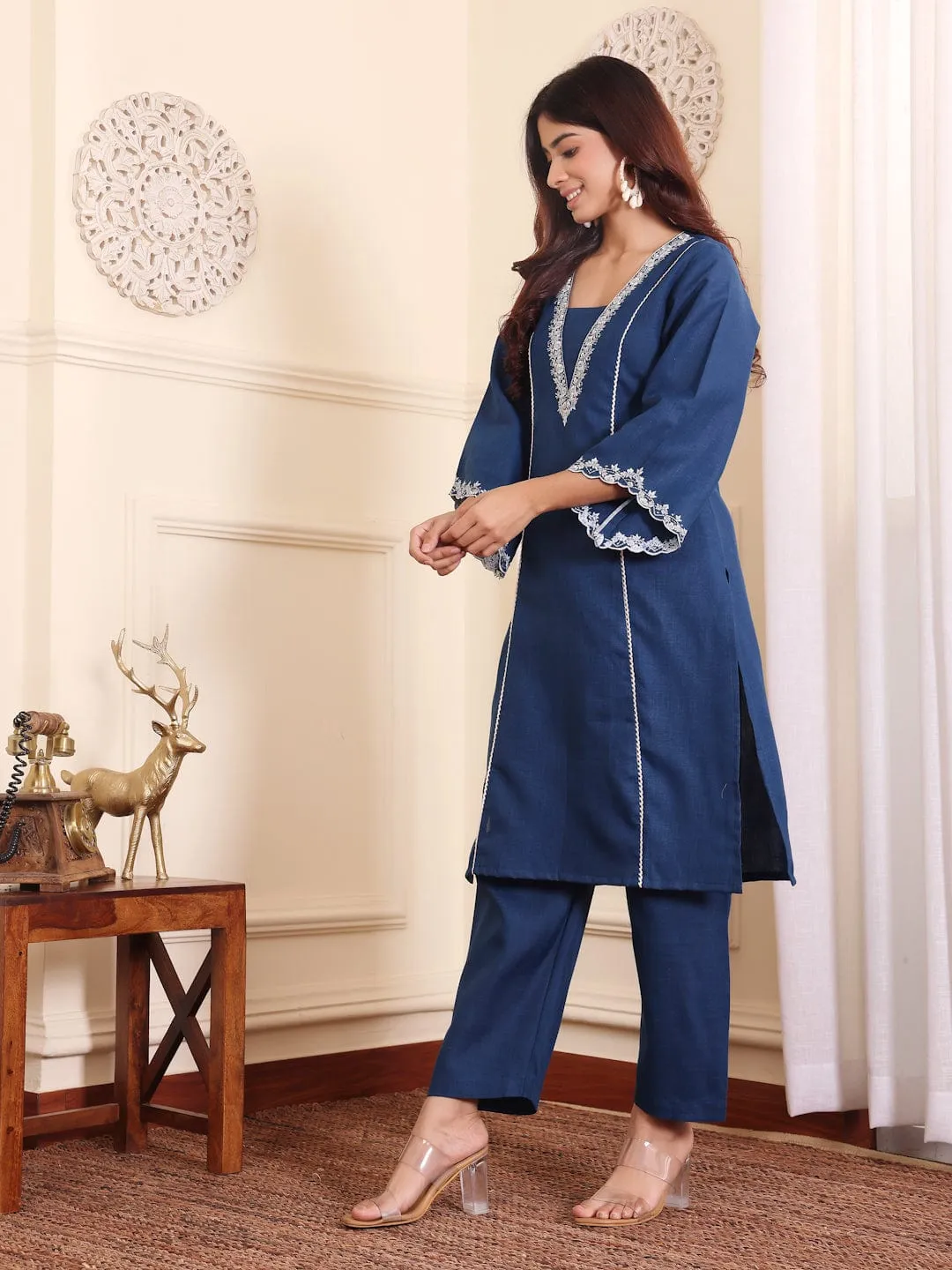 Varanga Women Navy Blue Floral Thread Embroidered Kurta With Trousers Co-Ord Set