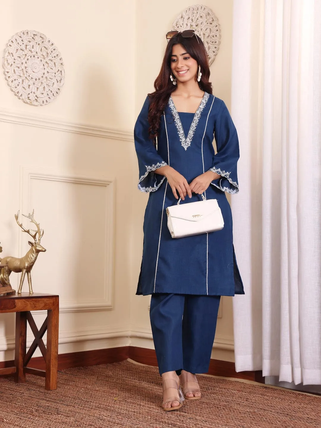 Varanga Women Navy Blue Floral Thread Embroidered Kurta With Trousers Co-Ord Set