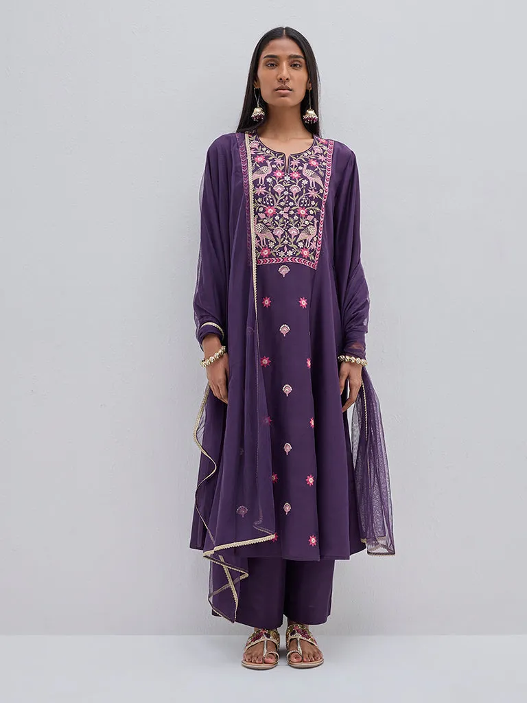 Vark Purple Embroidered Kurta, Pants and Dupatta Set