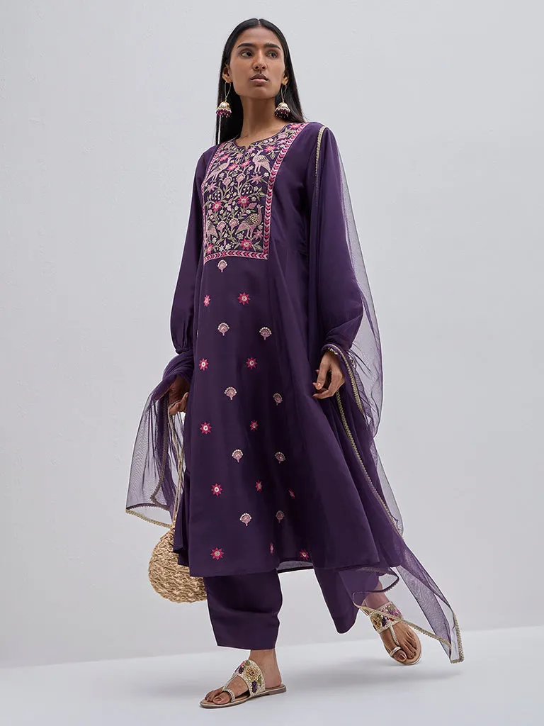 Vark Purple Embroidered Kurta, Pants and Dupatta Set