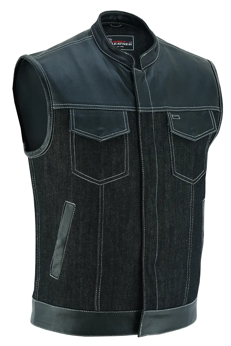 VB912BK Men's Denim & Leather Vest with White Stitching