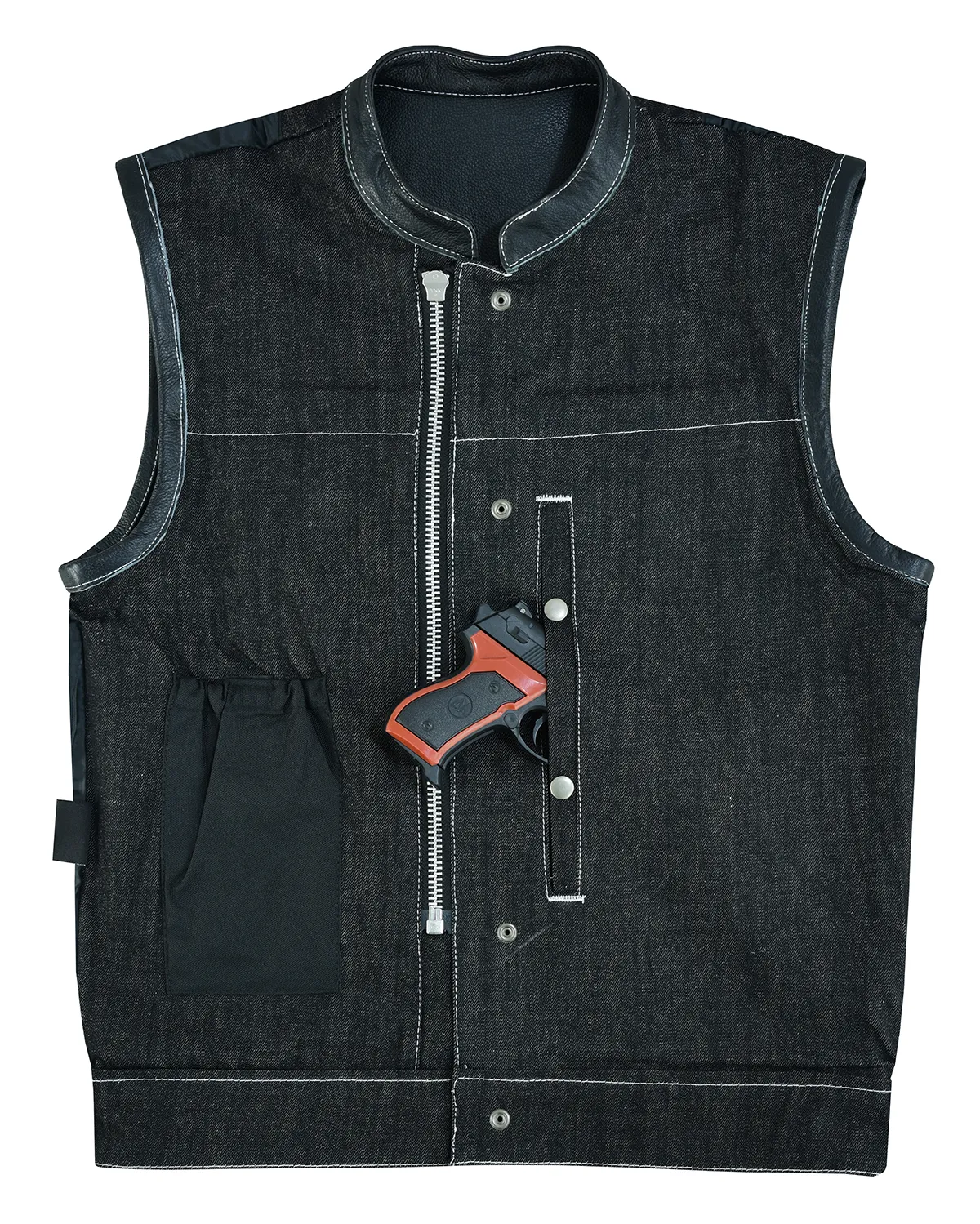 VB912BK Men's Denim & Leather Vest with White Stitching