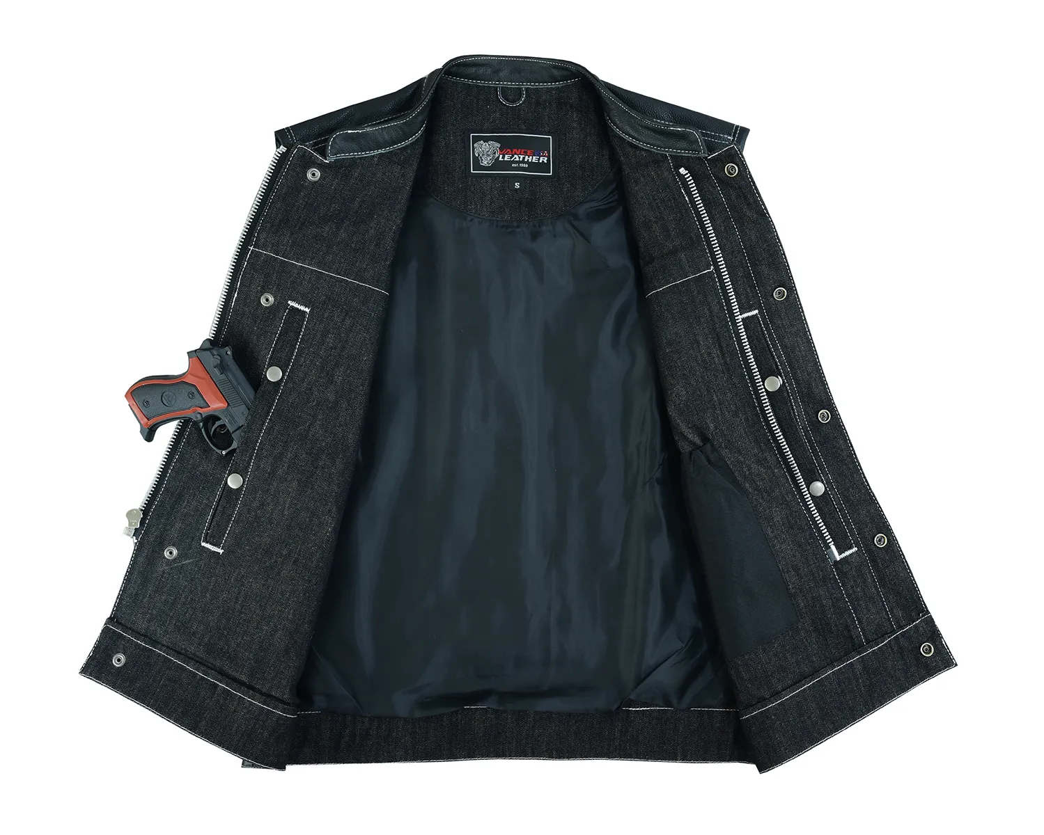 VB912BK Men's Denim & Leather Vest with White Stitching